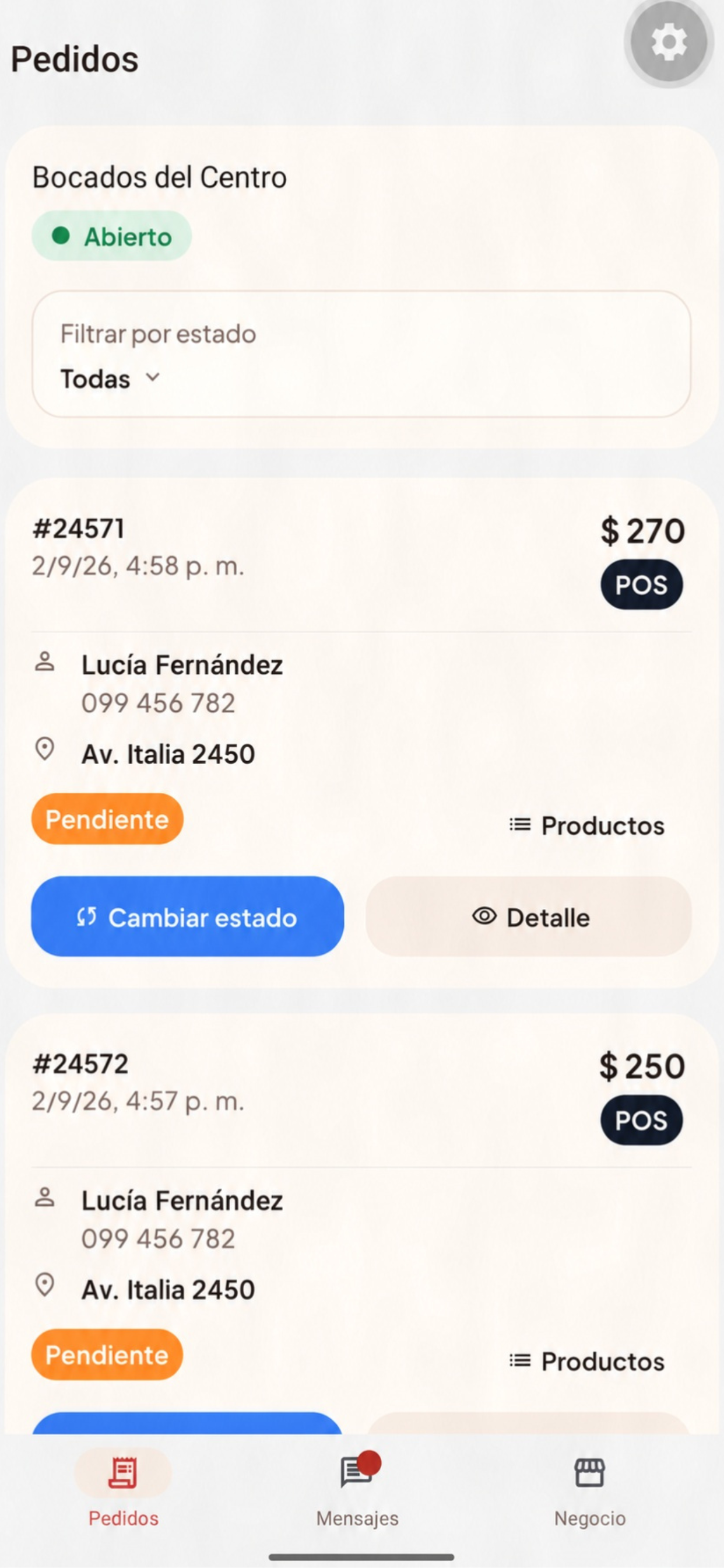 Pantalla de Ahí Va para gestionar los pedidos de un negocio